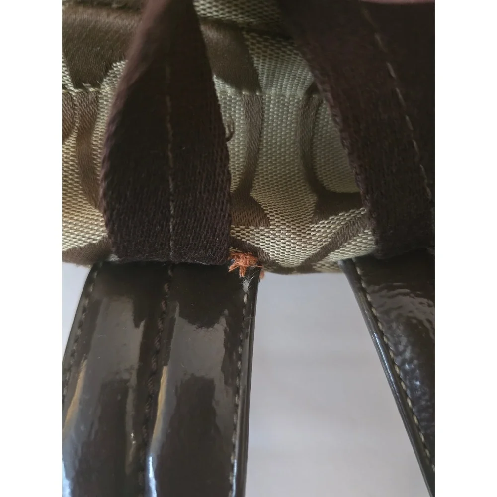 Coach Vintage Y2K Signature Jacquard Canvas Backpack Brown Tan Purple Pom Detail